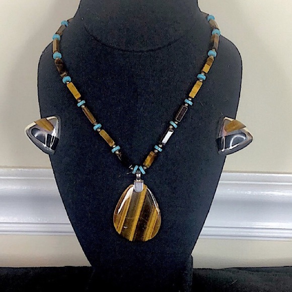 MEXICAN Turquoise Tigers Eye Black Onyx Sterling Silver 950 / 925 Jewelry Set - Picture 7 of 17